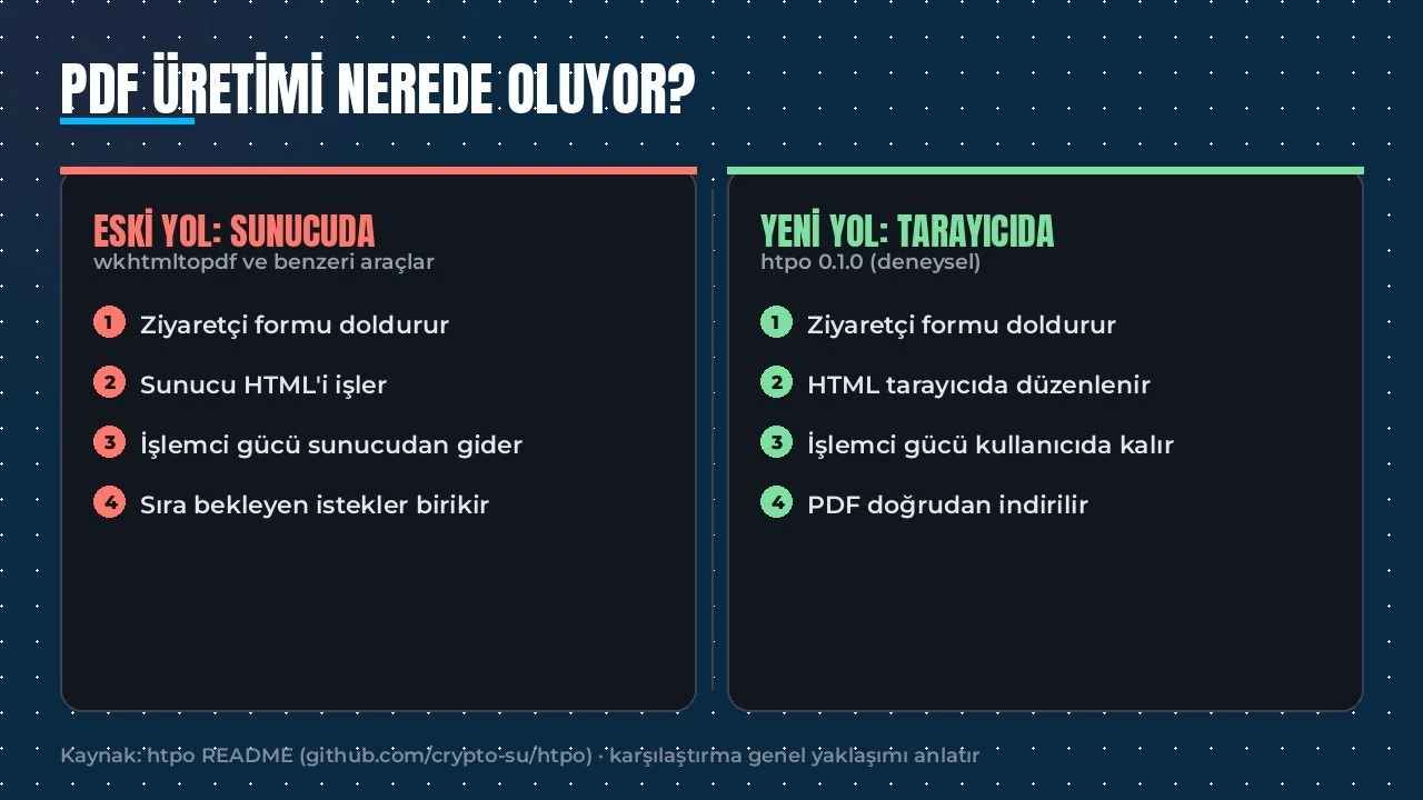 PDF üretiminin sunucuda ve tarayıcıda nasıl işlediğini karşılaştıran şema