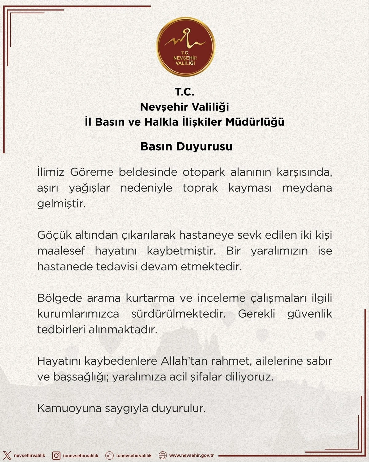 Nevşehir Valiliği'nin Göreme'deki peribacası çökmesine ilişkin basın duyurusu